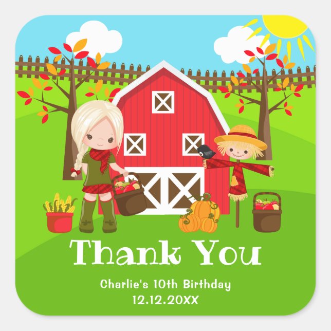 Fall Barnyard Birthday Blonde Hair Girl Thank You Square Sticker (Front)