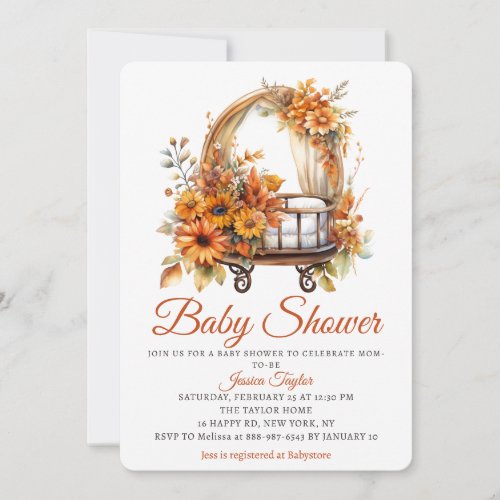 Fall Basinet Sunflowers Newborn Girl Baby Shower Invitation