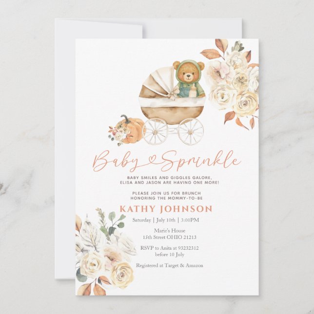 Fall Bear Baby Sprinkle Pumpkin Baby Shower Invitation (Front)