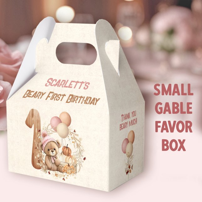 Fall Bear Girl 1st Birthday Gable Favor Boxes (Fall Bear Girl Small Gable Favor Boxes - You can choose from 3 sizes of these gable favor boxes)