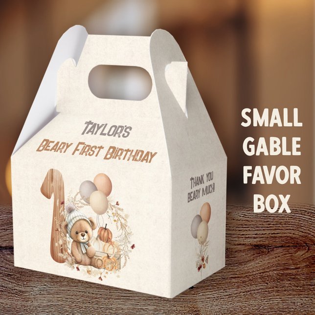 Fall Bear Pumpkin Boy 1st Birthday Gable Favor Boxes (Fall Bear Girl Small Gable Favor Boxes - You can choose from 3 sizes of these gable favor boxes)