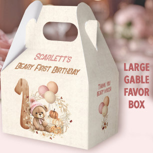 Fall Bear Pumpkin Girl 1st Birthday Large Gable Favor Boxes