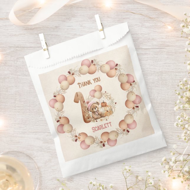Fall beary 1st Birthday Girl Favor Bags (Clipped)