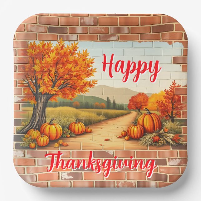 Fall Beautiful Modern Happy Thanksgiving Paper Plates (Front)