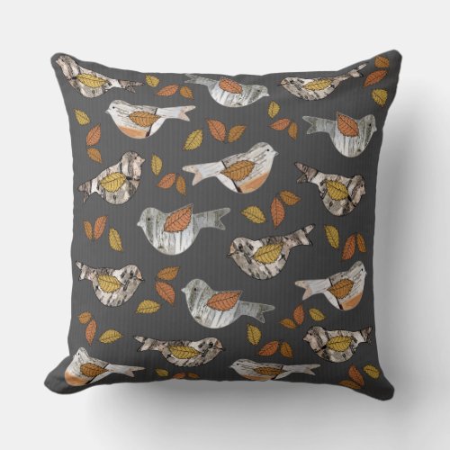 Fall Birch Tree Bark Birds and Leaves Graphic Throw Pillow