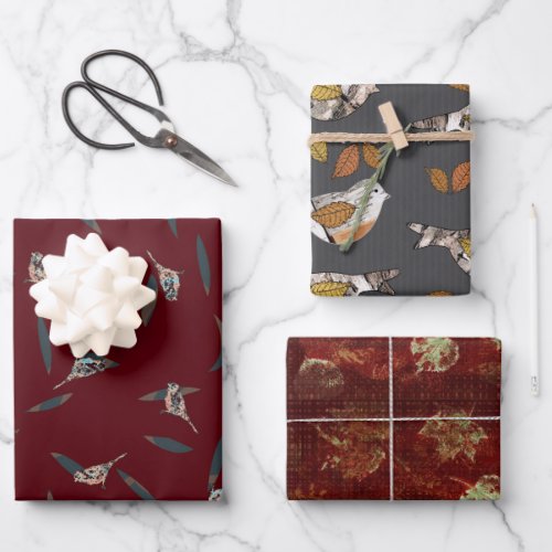 Fall Bird Leaf Birch Wrapping Paper Flat Sheet Set