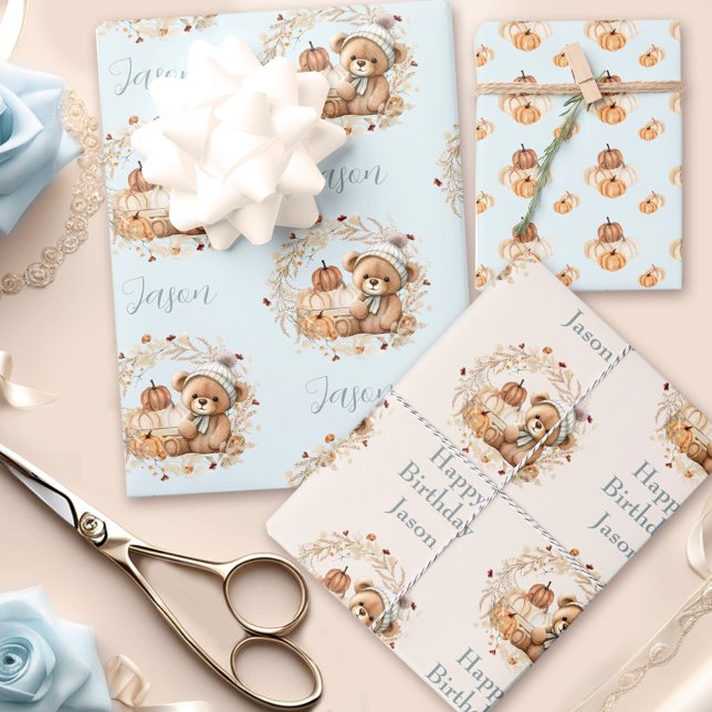 Fall Birthday Boy Cute Bear Pumpkins Blue Beige Wrapping Paper Sheets (Fall Birthday Boy Cute Bear Pumpkins Blue Beige Wrapping Paper Sheets)