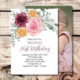 Fall Birthday Girl Burgundy Blush Pink Floral Invitation
