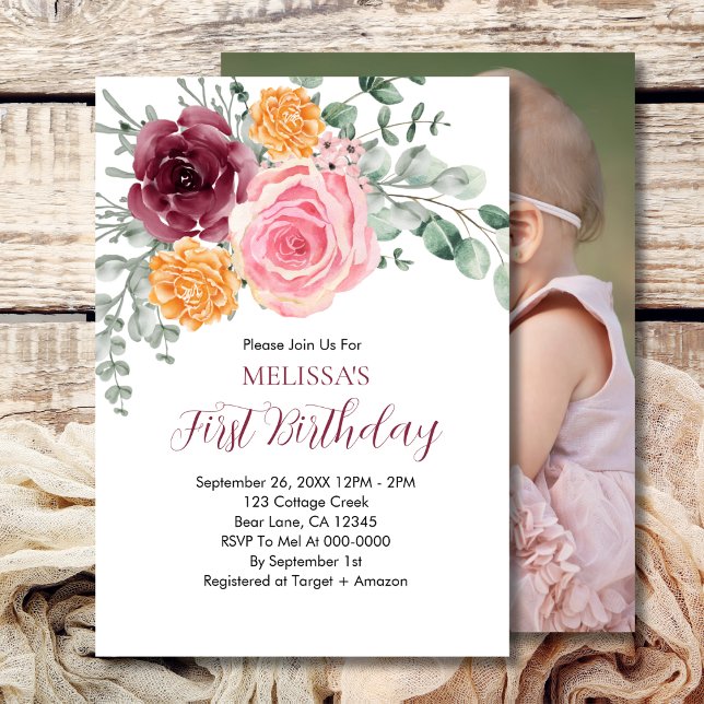 Fall Birthday Girl Burgundy Blush Pink Floral Invitation (Creator Uploaded)