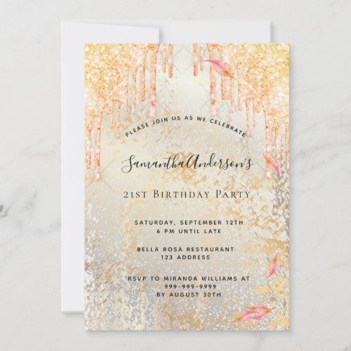 Fall birthday party rose gold silver glitter drips invitation