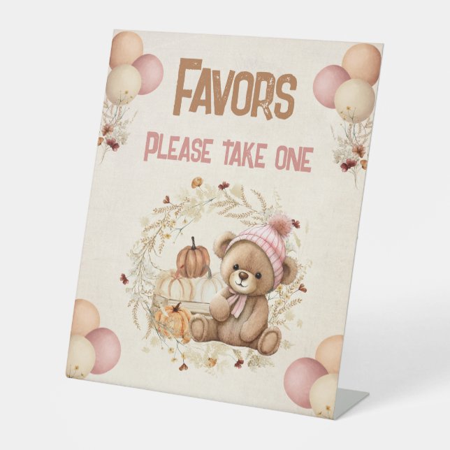 Fall Birthday Pumpkins Bear Girl Pedestal Sign (Front)