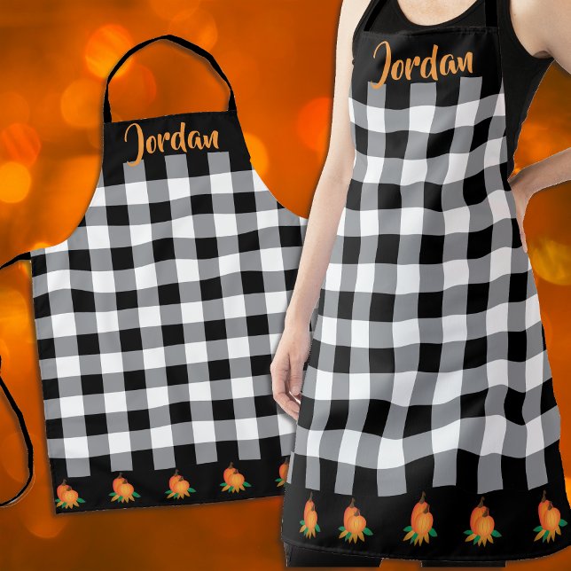 Fall black and white Gingham pattern and pumpkins Apron (Creator Uploaded)