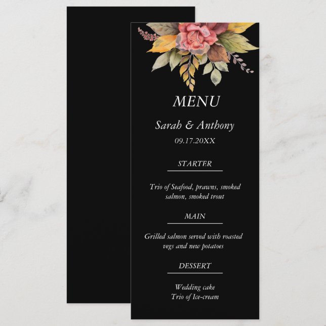 Fall Black Autumn Floral Fall Wedding Food  Menu (Front/Back)
