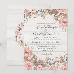 Fall Black Blush Pink Watercolor Floral Rose Gold  Invitation