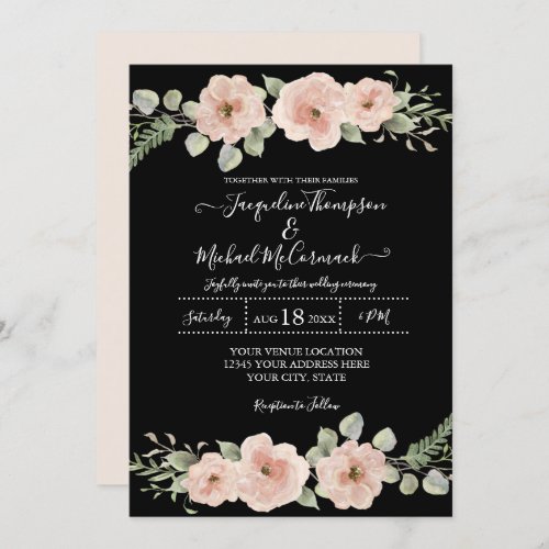 Fall Black Blush Watercolor Floral Rose Wedding Invitation