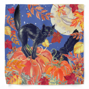 Fall Black Cat Leaves Moon Pumpkin Patch Halloween Bandana