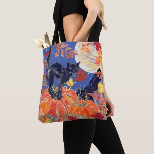 Fall Black Cat Leaves Moon Pumpkin Patch Halloween Tote Bag