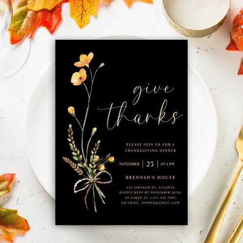Fall Black Floral Thanksgiving Dinner Invitation