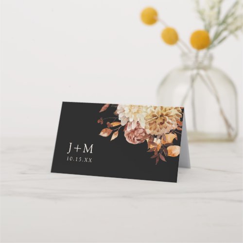 Fall Black Terracotta Watercolor Floral Wedding Place Card