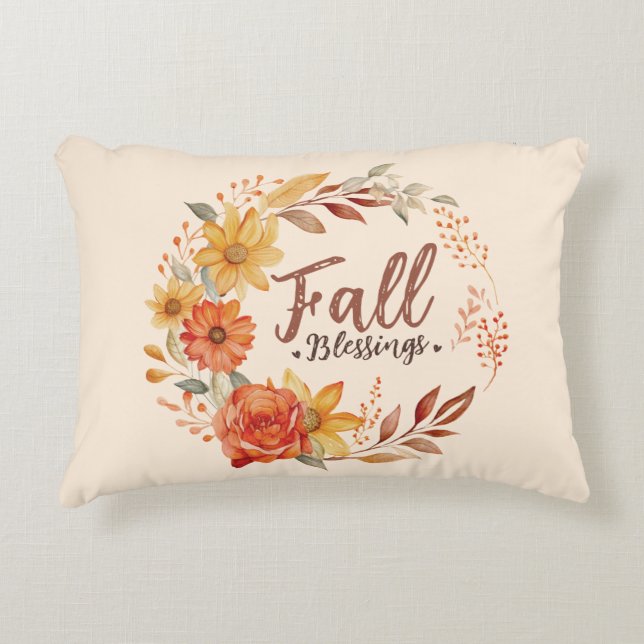Fall Blessings – Autumn Leaves & Floral Wreath Accent Pillow (Front)
