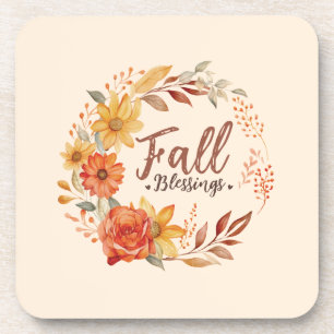 Fall Blessings – Autumn Leaves & Floral Wreath Beverage Coaster