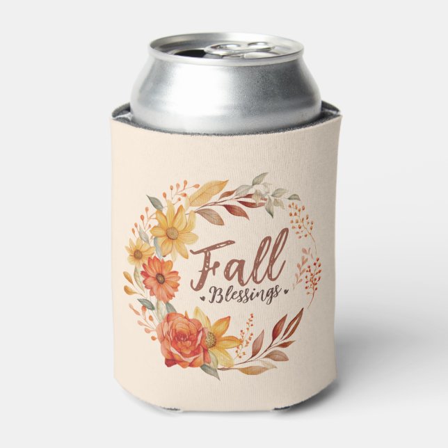 Fall Blessings – Autumn Leaves & Floral Wreath Can Cooler (Can Front)