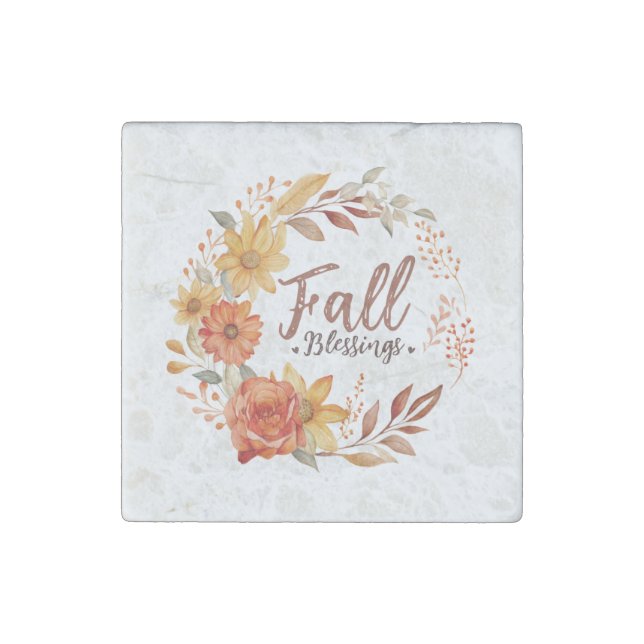 Fall Blessings – Autumn Leaves & Floral Wreath Stone Magnet (Front)