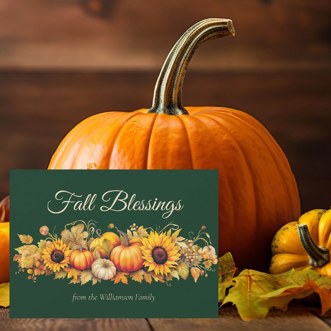 Fall Blessings Pumpkins Custom Green Thanksgiving Holiday Card (Creator Uploaded)