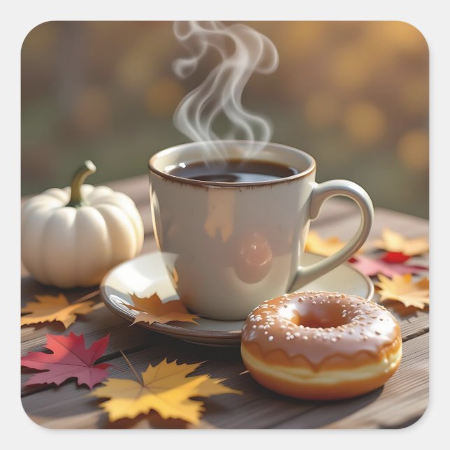 Fall Blessings, Warm Coffee and a Donut Square Sticker (Front)