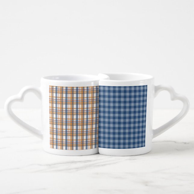 FALL BLUE AND BROWN PLAID PATTERNS COFFEE MUG SET (Front Nesting)