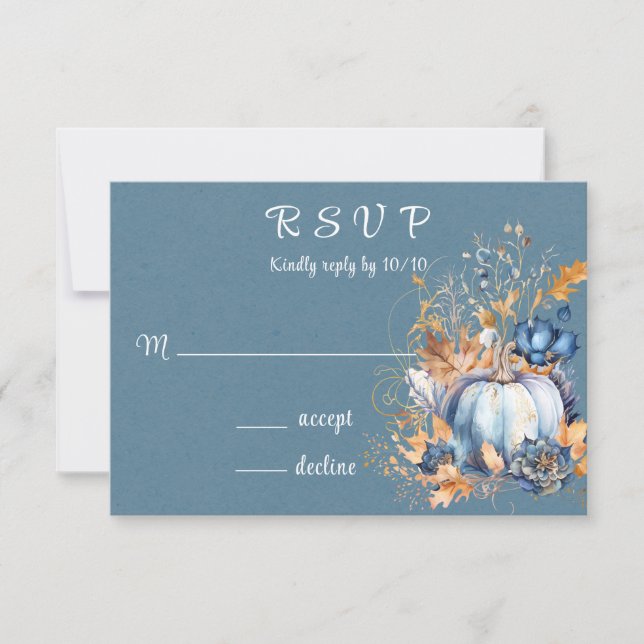 Fall Blue and Orange Pumpkin Peony  RSVP Card (Front)