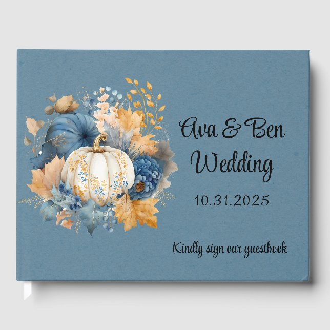 Fall Blue and Orange Pumpkin Peony Wedding Guest Book (Front)