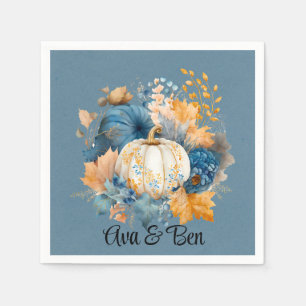 Fall Blue and Orange Pumpkin Peony Wedding Napkins