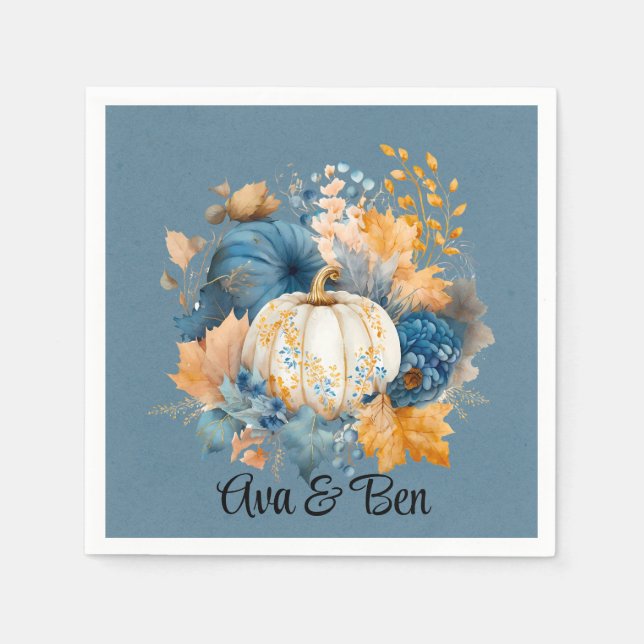 Fall Blue and Orange Pumpkin Peony Wedding Napkins (Front)