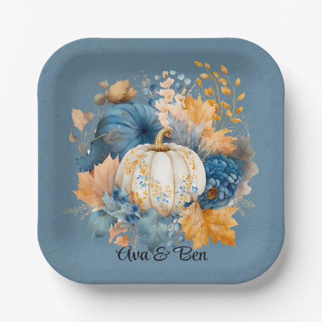 Fall Blue and Orange Pumpkin Peony Wedding Paper Plates (Front)