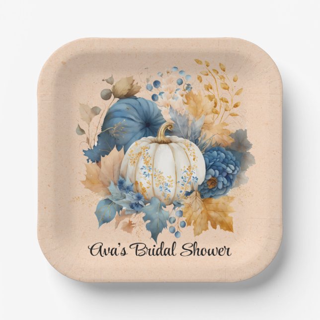 Fall Blue and Orange Pumpkin Peony Wedding Paper Plates (Front)