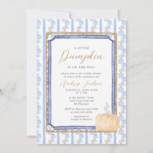 Fall Blue Chinoiserie Blue Pumpkin Baby Shower Inv Invitation (Front)