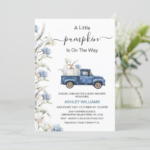 Fall Blue Floral Little Pumpkin Truck Baby Shower Invitation
