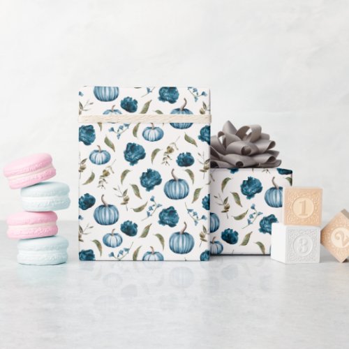 Fall Blue Floral Pumpkin Pattern Wrapping Paper