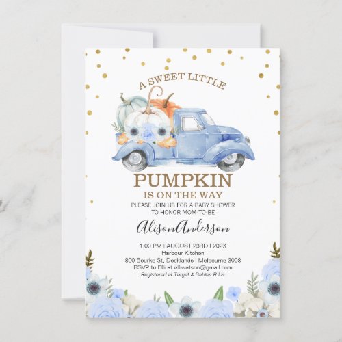 Fall Blue Floral Pumpkin Truck Baby Shower Invitation