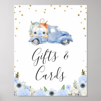 Fall Blue Floral Pumpkin Truck Baby Shower Sign by figtreedesign at Zazzle