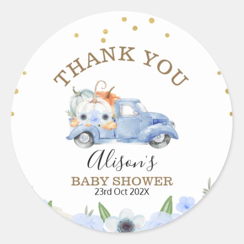 Fall Blue Floral Pumpkin Truck Baby Shower Sticker