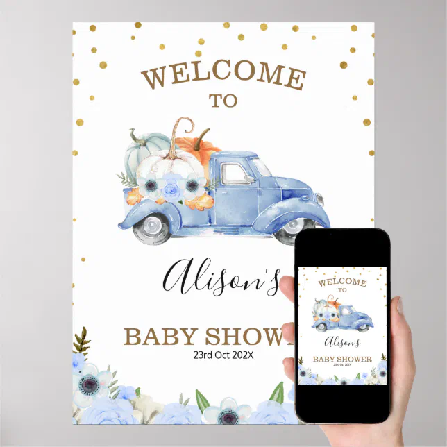 Fall Blue Floral Pumpkin Truck Baby Shower Welcome Poster 