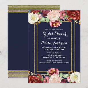 Fall Blue Gold Bold Floral Marsala Bridal Shower Invitation