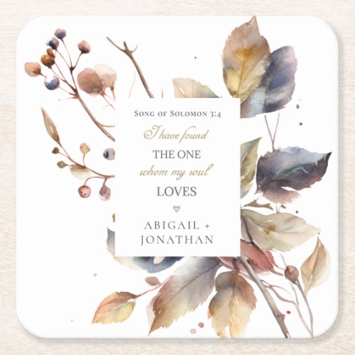 Fall Blue Gold Red Leaves Christian Bible Wedding Square Paper Coaster