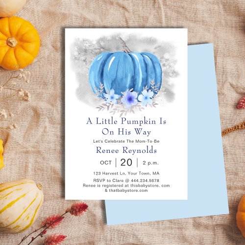 Fall Blue Little Pumpkin Boy Baby Shower Invitation