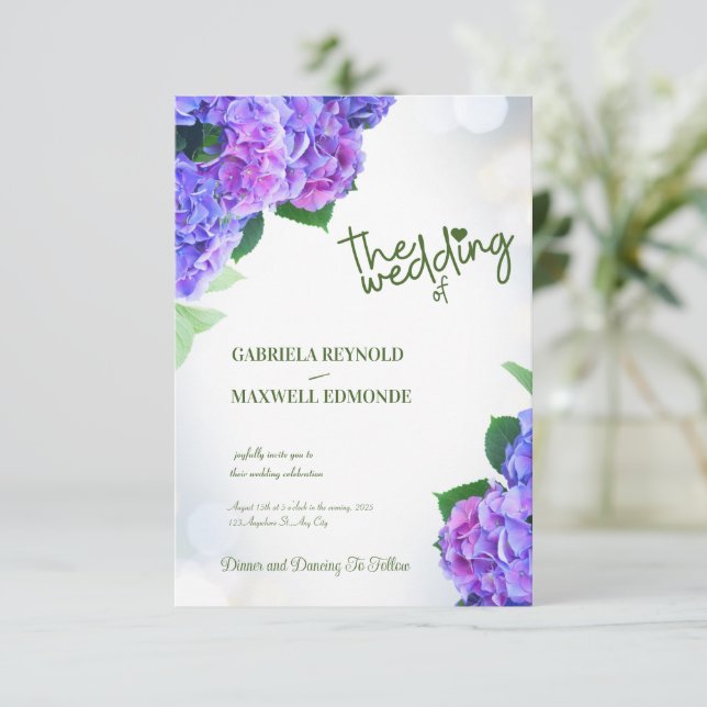 Fall Blue Nature Purple Hydrangea Wedding Invitation (Standing Front)