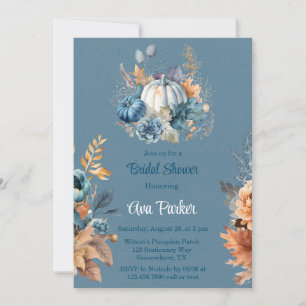 Fall Blue Orange Pumpkin Peony Bridal Shower Invitation