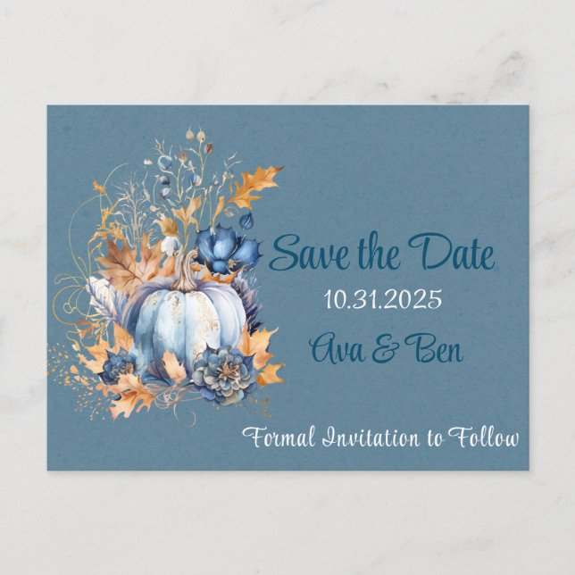 Fall Blue Orange Pumpkin Peony Save the Date  Postcard (Front)