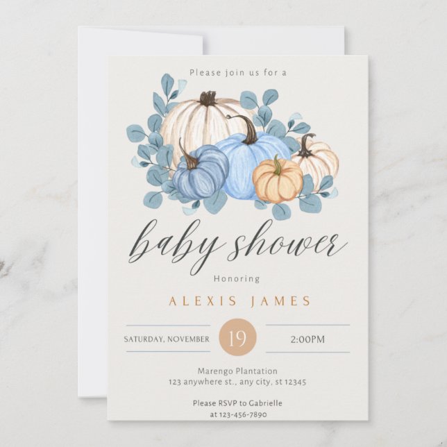 Fall Blue Pumpkin Baby Shower Invitation (Front)